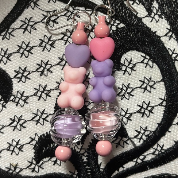 Hand Crafted Purple and Pink Gummy Bear Beaded Earrings Hypoallergenic - Picture 2 of 3